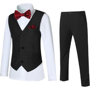 DISAUR Boy Suits 5 Pcs Slim Fit Suit Including Vest Pants Dress Shirt Bow Tie and kerchief for Formal Occasions 6-10 Years