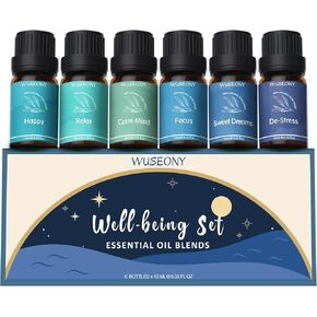 WUSEONY Sleep Essential Oils Set for Diffusers for Home, Set of 6 Essential Oil Blend Aromatherapy - Eucalyptus, Jasmine, Orange, Lavender, Cedar, Mint