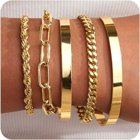 Gold Bracelets for Women Non Tarnish, 14K Gold Plated Tie Knot Bangle Cuff Bracelet Set for Women Cuban Rope Paperclip Bracelet Stack Jewelry