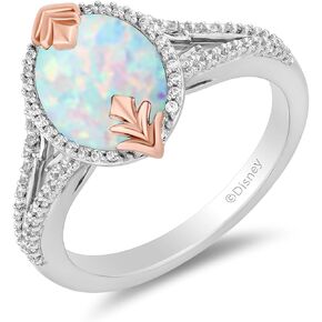 Jewelili Enchanted Disney Fine Jewelry 14K Rose Gold over Sterling Silver with 1/5 CTTW Diamonds and Opal Elsa Ring, Size 8