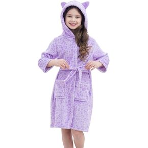 Doctor Unicorn Girls Leopard Cat Robe Kids Fleece Warm Hooded Bathrobe
