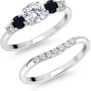 Gem Stone King 10K White Gold White Lab Grown Diamond and Black Onyx 5 Stone Bridal Engagement Wedding Ring Set For Women (0.81 Cttw, Round: 5MM and 3MM, Available in Size 5,6,7,8,9)