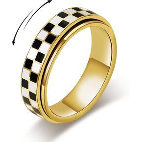 حلقة تململ Amorartsky Checkered للبالغين - 18K الذهب المطلي بالفولاذ المقاوم للصدأ المجوهرات الدوار ، والقلق ، هدية تخفيف الإجهاد للنساء/الرجال (نمط أبيض وأسود)