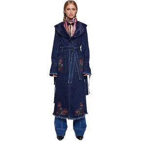 Dolls Kill Woven Dreams Denim Trench Coat by Current Mod - Floral Embroidered Stretch Denim with Faux Fur Collar - Blue