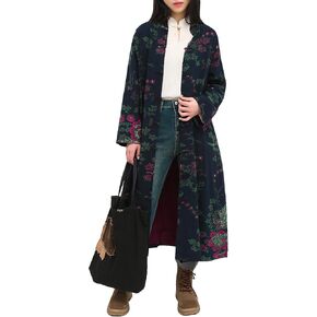 Women's Floral Print Long Trench Coat Casual Cotton Linen Jacket with Pockets Boho retro Outerwear Plus Size