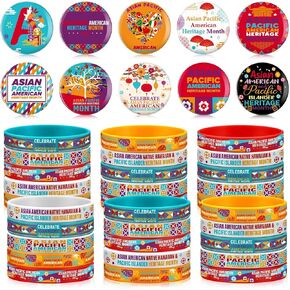 Quelay 100Pcs Heritage Month Party Favors Bulks Included Rubber Bracelets and Buttons Badges Round Button Pins for Gifts Festival Accessory Party Decorations(Asian Pacific American)