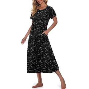 Marvmys Womens Long Cotton Nightgown Short Sleeve Nightshirt O Neck Sleepwear Full Length Sleepshirt with Pockets S-3XL