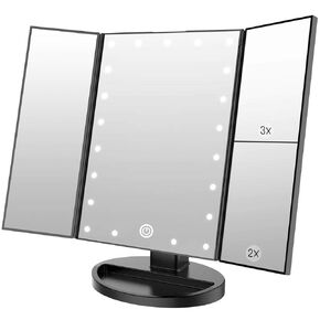 WEILY Makeup Mirror with 21 LED Lights,Two Power Supply Modes, Adjustable Touch Screen and 1x/2x/3x Magnification Tri-Fold Vanity Mirror,Chargeable Travel Cosmetic Mirror for Desktop(White)