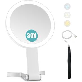 B Beauty Planet Magnifying Mirror with Light 30X, Double-Sided 1X/ 30X Magnifying Makeup Mirror with Tweezer, 2000mAh 3 Colour Modes with Adjustable Brightness,Foldable Travel Mirror(9" L x 7" W)