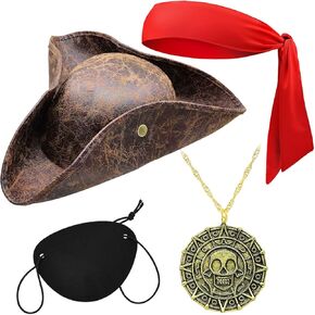 Tricorn Pirate Hat Accessories Set for Men Brown Distressed Faux Leather Pirate Hat Bandana Eyepatch Viking Jewelry