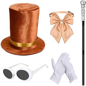 5 Pcs Chocolate Factory Boss Costume Set Include Oversized Brown Hat with Band Walking Scepter Gloves Bow Tie and Sunglasses for World Book Day Book Week Dress Up