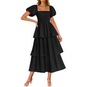 ZESICA Women's 2025 Summer Boho Midi Dress Short Puff Sleeve Flowy A Line Tiered Beach Vacation Long Dresses