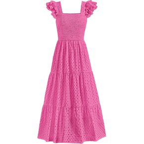 PRETTYGARDEN Womens Summer Square Neck Maxi Dresses Cap Sleeve Eyelet Smocked Tiered A Line Flowy Long Dress with Pockets