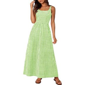 PRETTYGARDEN Women's 2025 Summer Spaghetti Strap Maxi Dresses Plaid Square Neck A Line Casual Beach Vacation Long Sundress
