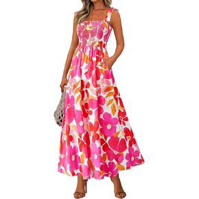 PRETTYGARDEN Womens Summer Dresses Floral Sleeveless Smocked Maxi Dress Boho Spaghetti Strap A Line Flowy Beach Long Sundress