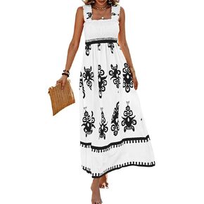 PRETTYGARDEN Womens Summer Boho Maxi Dress 2025 Casual Sleeveless Square Neck Floral Aline Smocked Beach Dresses with Pockets