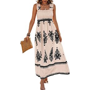 PRETTYGARDEN Womens Summer Boho Maxi Dress 2025 Casual Sleeveless Square Neck Floral Aline Smocked Beach Dresses with Pockets in Kuwait