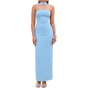 HTZMO Women Elegant Summer Bodycon Maxi Dress Halter Neck Formal Wedding Guest Cocktail Party Long Dresses