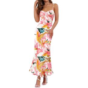 ZESICA Womens Summer Floral Spaghetti Straps Maxi Dress 2025 Sleeveless Square Neck Bodycon Beach Boho Long Dresses