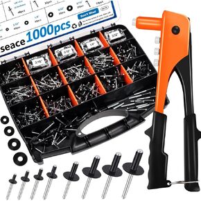 smseace 1000Pcs Pop Rivet Gun Kit Black Pop Rivets, Large Flange Rivets, Washers and Rivets Gun Tool for Metal,Furniture,Automotive,Instruments Packed in Portable Toolbox with Color Label