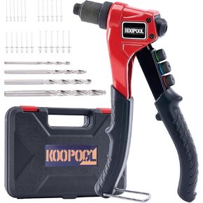 Rivet Gun Kit, Manual Pop Rivet Tool with 200 Rivets and 4 Drill Bits, 4 Tool-Free Interchangeable Rivet Heads, Heavy-Duty Hand Riveter with Sturdy Case for Metal, Plastic, Leather