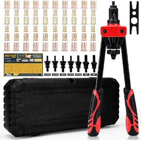 14" Rivet Nut Tool Kit, Hand Rivnut Tool with 7 Metric & SAE Mandrels (M6, M8, M10, 1/4"-20 * 2, 5/16"-18, 3/8"-16) and 70Pcs Rivet Nuts, Heavy-Duty Nutsert Tool with Rugged Carrying Case