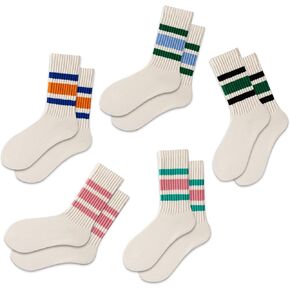 DarkCom Retro Striped Crew Socks 5 Pairs with Seamless Toe for Men and Women, Slouch Scrunch Casual Comfort