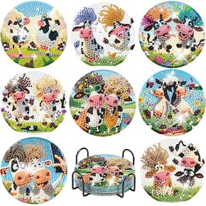 8 PCS Cow Diamond Art Coasters للبالغين ، طقم Diy Diy Diamond Paints Coasters مع حامل ، ورسم ماس Easy Cow للمبتدئين ، والبالغين من CARTERS CARTERS Supplies
