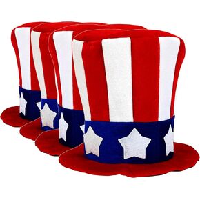 Iconikal 4-Pack July 4th Velour Plush Dress Up Costume American Flag Hat, Uncle Sam Patriotic