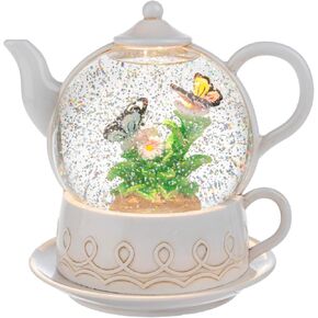 Ganz LED Light Up Shimmer Snow Globe Teapot تمثال 6 × 7 بوصة الفراشات الأكريليك