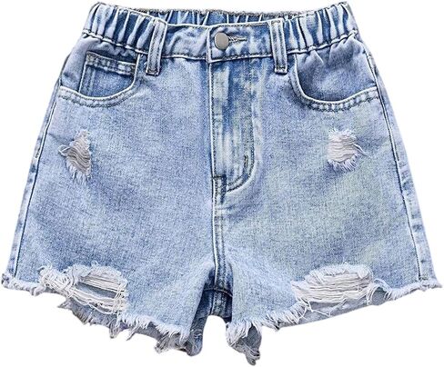 Girl's Ripped Raw Hem Straight Leg Jean Shorts Elastic Waist Zipper Fly Denim Shorts in Saudi Arabia