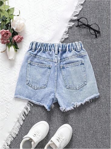 Girl's Ripped Raw Hem Straight Leg Jean Shorts Elastic Waist Zipper Fly Denim Shorts in Saudi Arabia