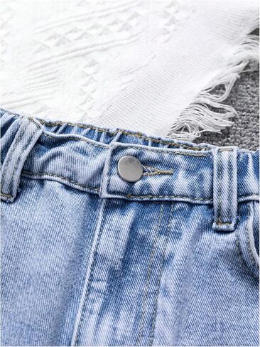 Girl's Ripped Raw Hem Straight Leg Jean Shorts Elastic Waist Zipper Fly Denim Shorts in Saudi Arabia