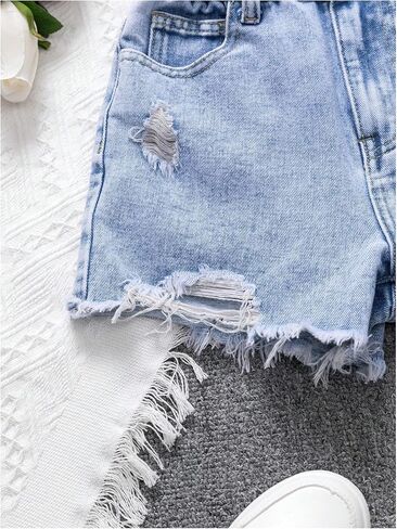 Girl's Ripped Raw Hem Straight Leg Jean Shorts Elastic Waist Zipper Fly Denim Shorts in Saudi Arabia