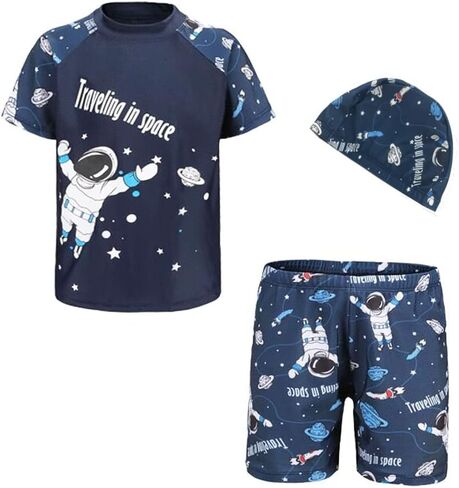 Boy Swim Set, 3 Pieces Set Swim Shirt + Swimming Shorts + Swimming Cap in Saudi Arabia