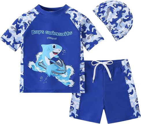 Aiwuhe Toddler Boys Swimsuit مجموعة ملابس راغبة و Guard 'ملابس السباحة من قطعتين للسباحين وسباحة السباحة مع قبعة UPF 50+ 3-8Y in Kuwait