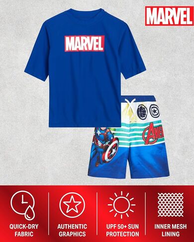 Marvel Boys Rash Guard Set - UPF 50 Avengers Short Sleeve Boys Swim Shirt and Swim Trunks (Sizes: 2T-12) in Kuwait
