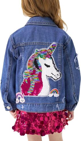 Miipat Toddler Girls Denim Jacket Sequin Patchwork Jean Jacket Little Kids Button Down Long Sleeve Jean Coat in Kuwait