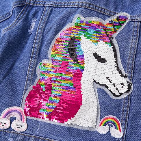 Miipat Toddler Girls Denim Jacket Sequin Patchwork Jean Jacket Little Kids Button Down Long Sleeve Jean Coat in Kuwait