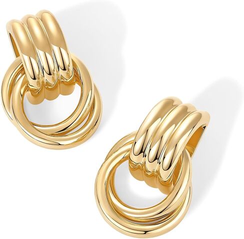 PAVOI 14K Gold Plated Chunky Dangle Door Knocker Earrings for Women | Trendy Geometric Drop Statement Earrings | Jewelry Gifts in Saudi Arabia