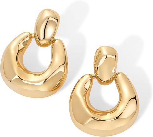PAVOI 14K Gold Plated Chunky Dangle Door Knocker Earrings for Women | Trendy Geometric Drop Statement Earrings | Jewelry Gifts in Saudi Arabia