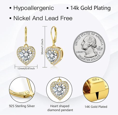 925 sterling Silver 14k Mold Plated Heart Dangle ، Alexcraft Droping Drop repring for Endery Leverback Elings cubic Zirconia hypoallergenic in Saudi Arabia