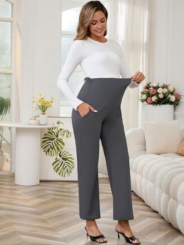Womens Maternity Work Pants Over The Belly Straight Leg High Waisted Pregnancy Bottom Office Trousers in Kuwait