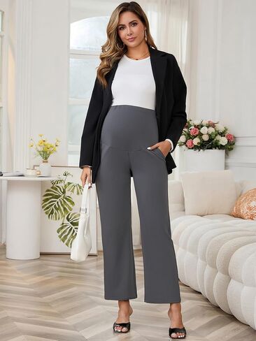 Womens Maternity Work Pants Over The Belly Straight Leg High Waisted Pregnancy Bottom Office Trousers in Kuwait