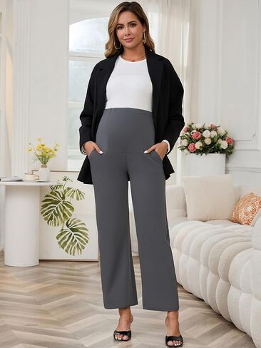 Womens Maternity Work Pants Over The Belly Straight Leg High Waisted Pregnancy Bottom Office Trousers in Kuwait