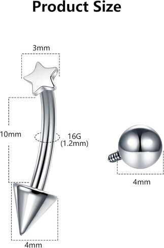 Aumeo Titanium Eyebrow Rings 16G Curved Barbell Piercing Jewelry Heart Star Vertical Labret Lip Jewelry Daith Rook Earrings for Women Men 8mm 10mm in Saudi Arabia