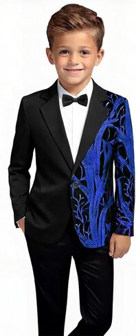 Pyiujtr Boys 4-Piece Tree and Wave Sequins Shiny Suit Jacket Shirt Bow Tie Pants Set for Performance Stage 6-16Y in Kuwait