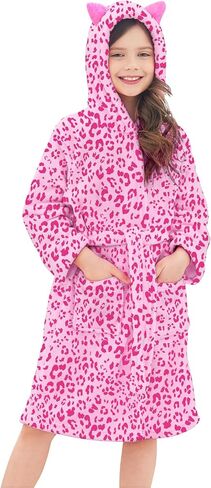 Doctor Unicorn Girls Leopard Cat Robe Kids Fleece Warm Hooded Bathrobe in Kuwait