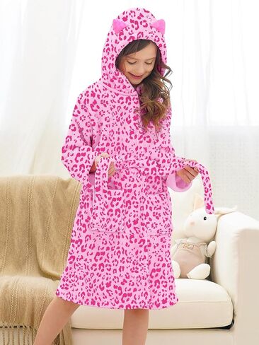 Doctor Unicorn Girls Leopard Cat Robe Kids Fleece Warm Hooded Bathrobe in Kuwait