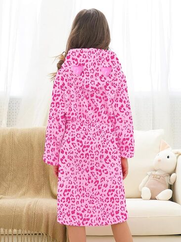 Doctor Unicorn Girls Leopard Cat Robe Kids Fleece Warm Hooded Bathrobe in Kuwait